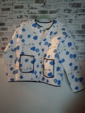 Floral Quilted White Jacket with Blue Roses
